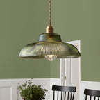 Green & Brass Prismatic Ribbed Glass Pendant Light (Adjustable Cord)