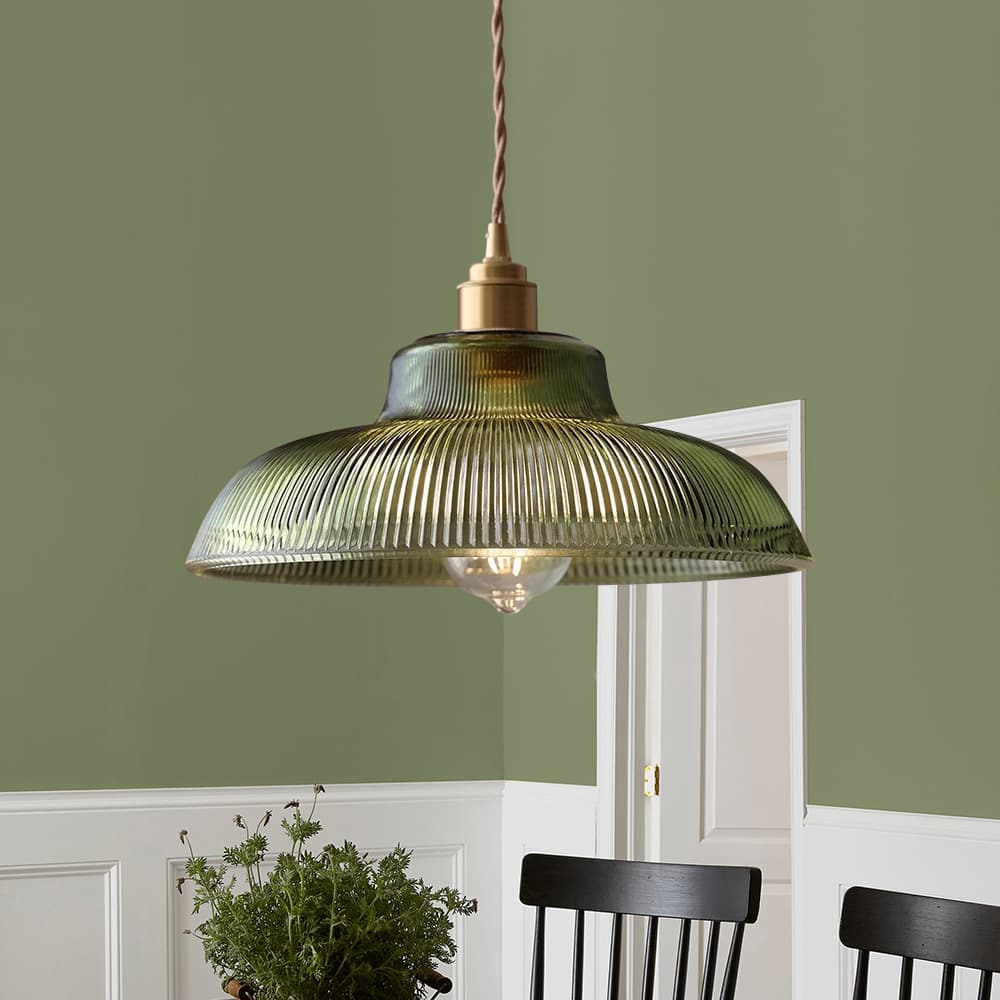 Green & Brass Prismatic Ribbed Glass Pendant Light (Adjustable Cord)