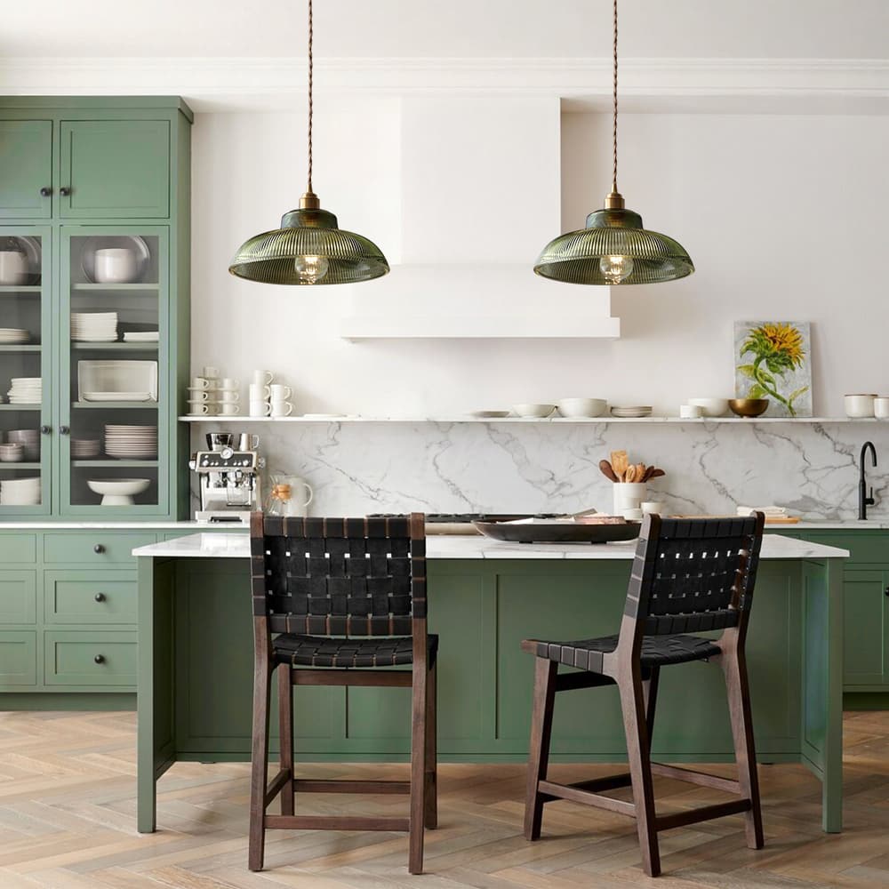 Green & Brass Prismatic Ribbed Glass Pendant Light (Adjustable Cord)