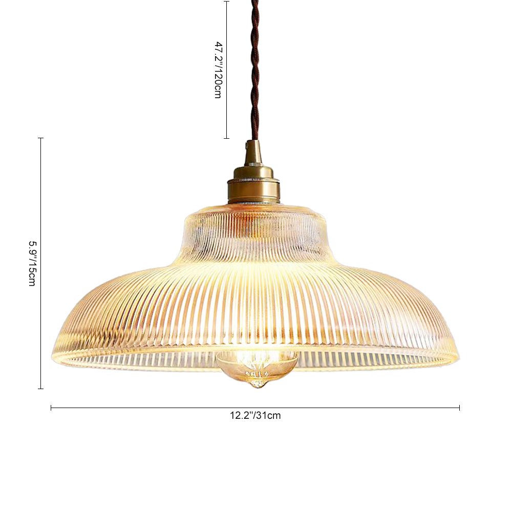 Green & Brass Prismatic Ribbed Glass Pendant Light (Adjustable Cord)