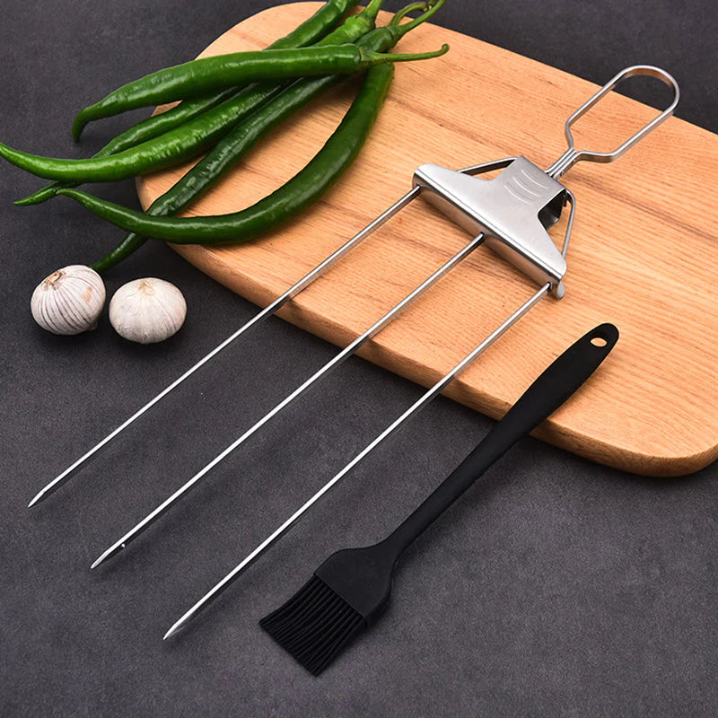 Grill Skewers Triple Prong Stainless Steel Easy Release