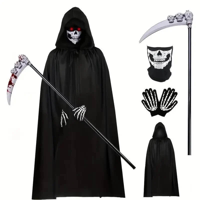 Grim Reaper Costume Glowing Red Eyes & Glow Skeleton Gloves