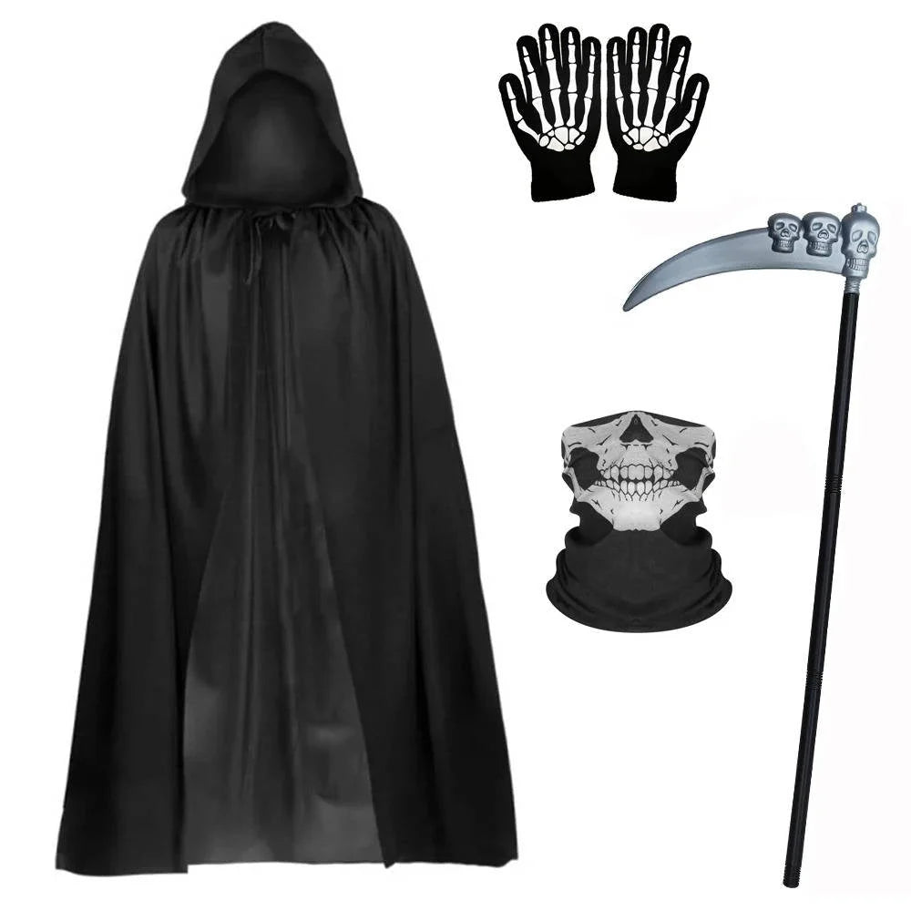 Grim Reaper Costume Glowing Red Eyes & Glow Skeleton Gloves