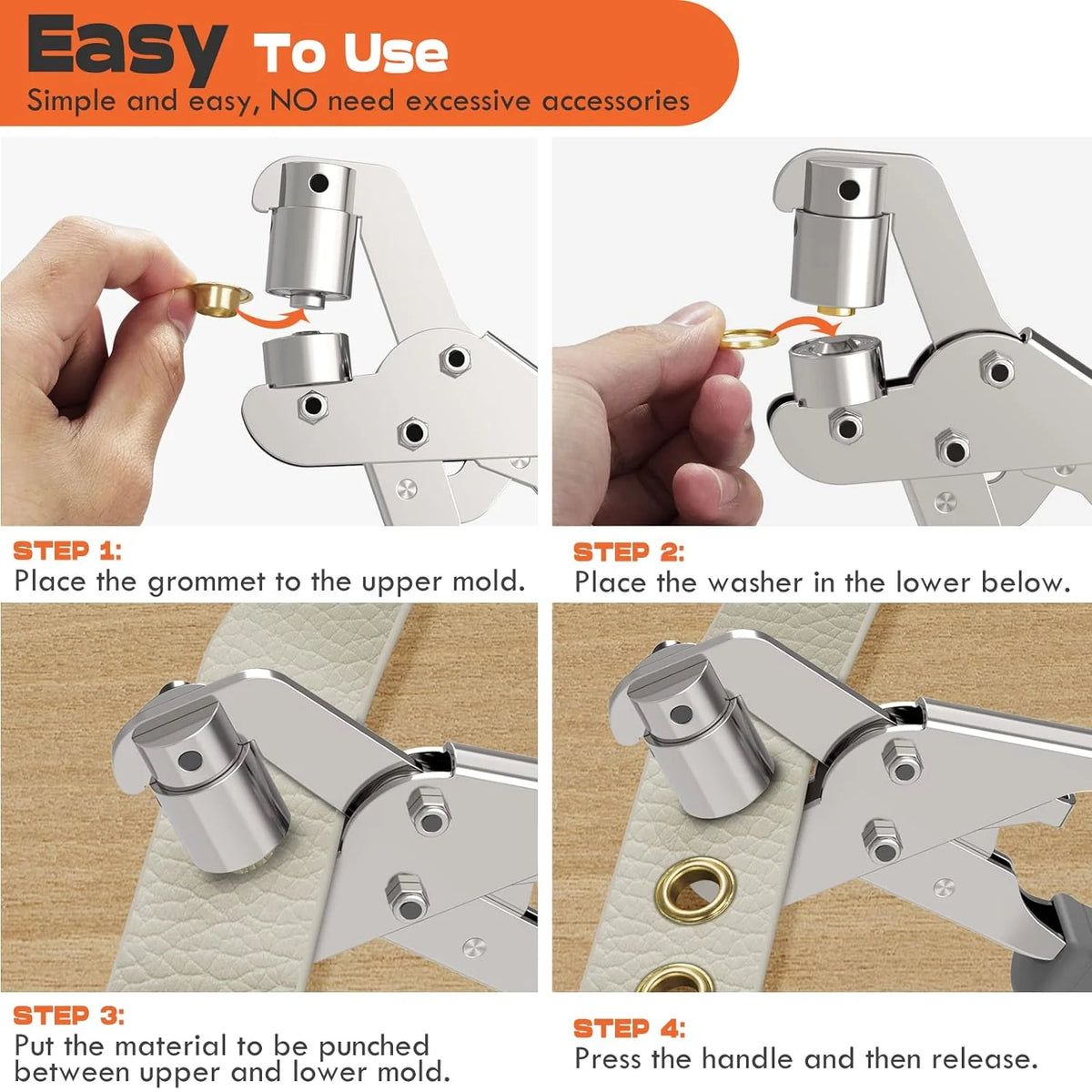 Grommet Tool Double-Leverage One-Step Punch With Brass Grommets