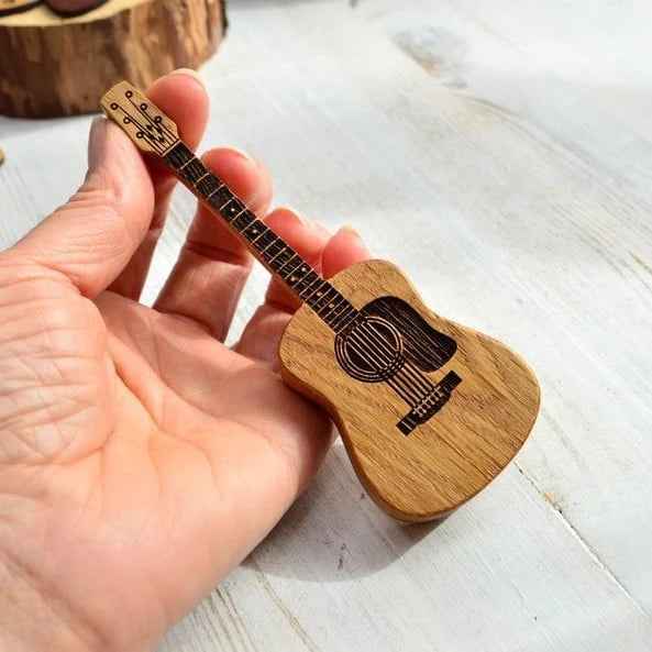 Guitar Pick Box Handcrafted Oak Laser-Engraved Holds Three Picks