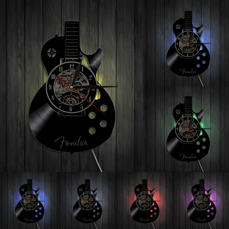 Guitar Wall Clock Vinyl Record Design 30cm Optional LED