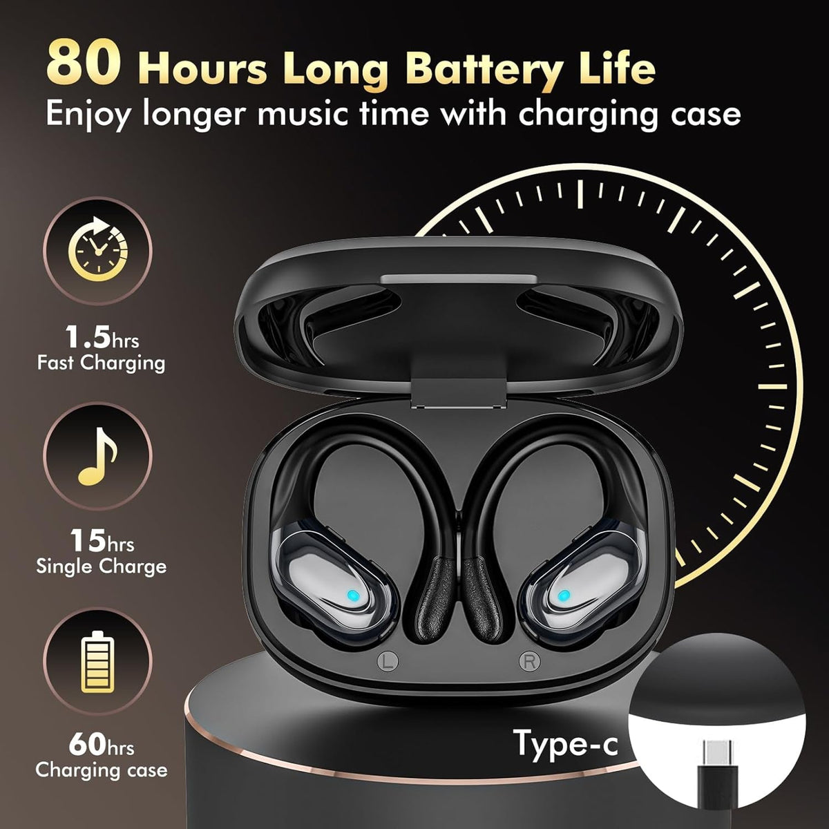 Gym Earbuds Secure-Fit Earhooks 80-Hour Battery