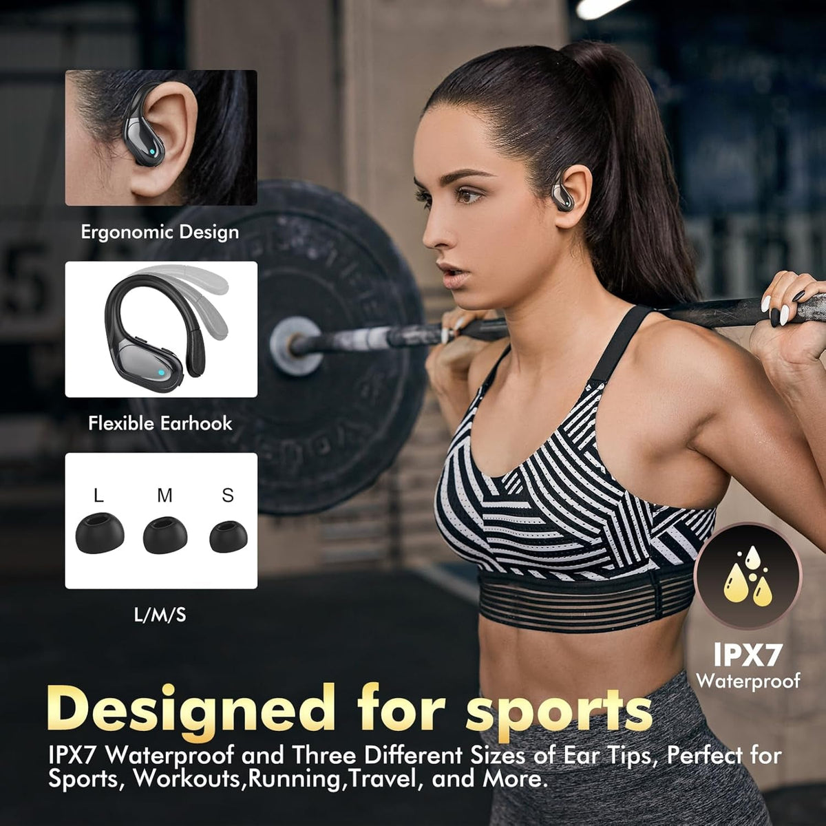 Gym Earbuds Secure-Fit Earhooks 80-Hour Battery