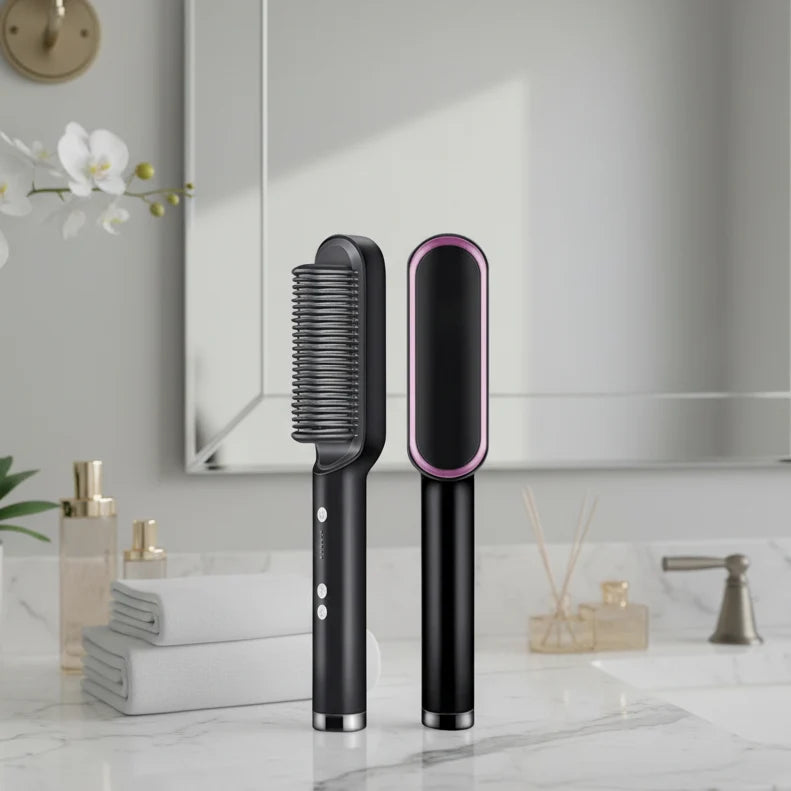 Hair Straightening Brush Heated Comb Teeth LED Temp Control