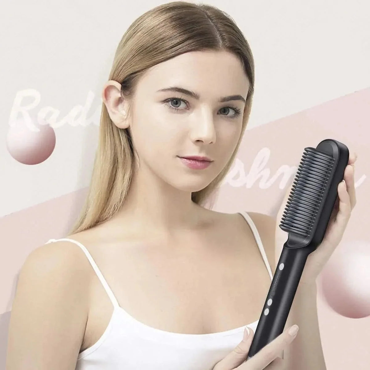 Hair Straightening Brush Heated Comb Teeth LED Temp Control