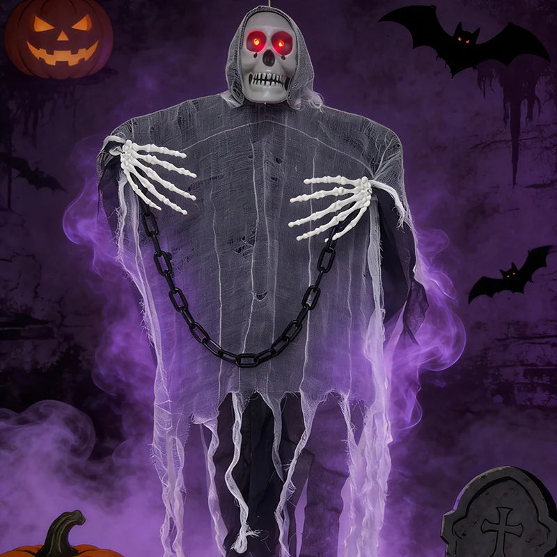 Halloween Decoration Hooded Skeleton Red LED Eyes