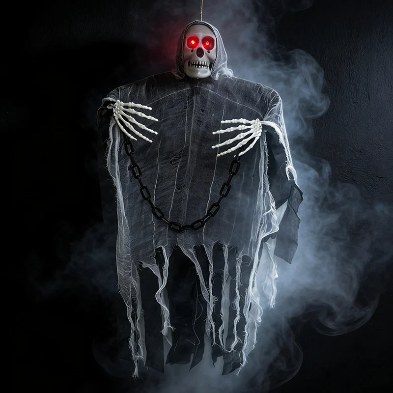 Halloween Decoration Hooded Skeleton Red LED Eyes