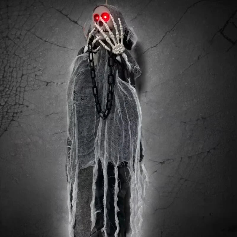 Halloween Decoration Hooded Skeleton Red LED Eyes
