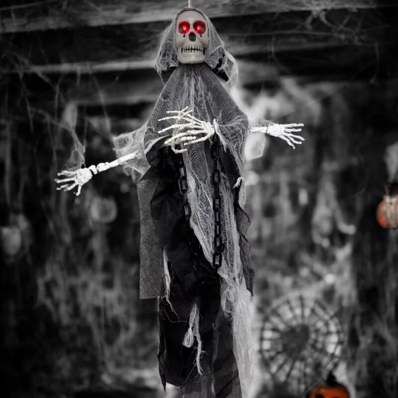 Halloween Decoration Hooded Skeleton Red LED Eyes