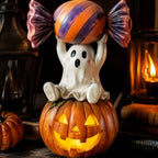 Halloween Ghost Figurine Polyresin Sitting On Pumpkin Indoor & Outdoor