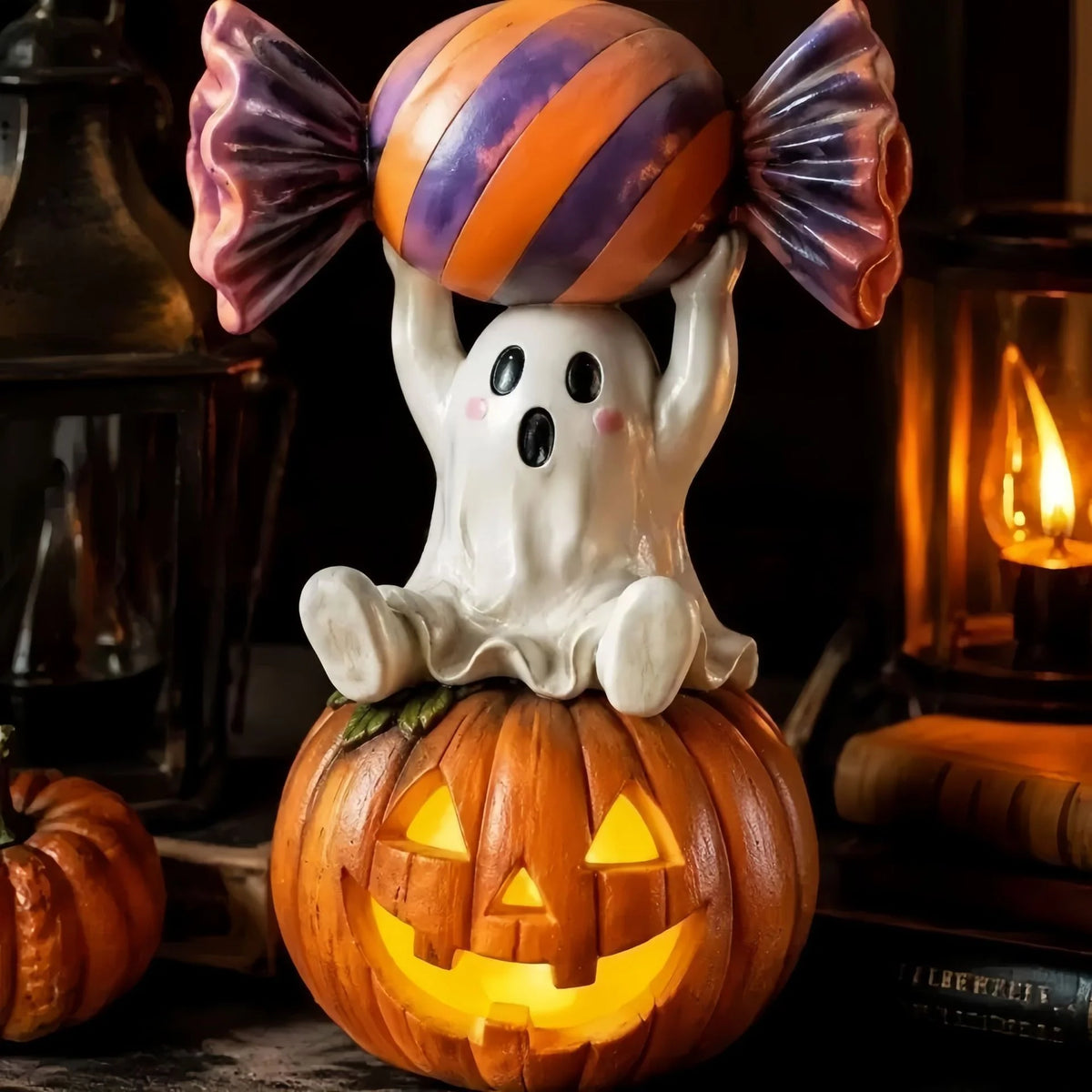 Halloween Ghost Figurine Polyresin Sitting On Pumpkin Indoor & Outdoor