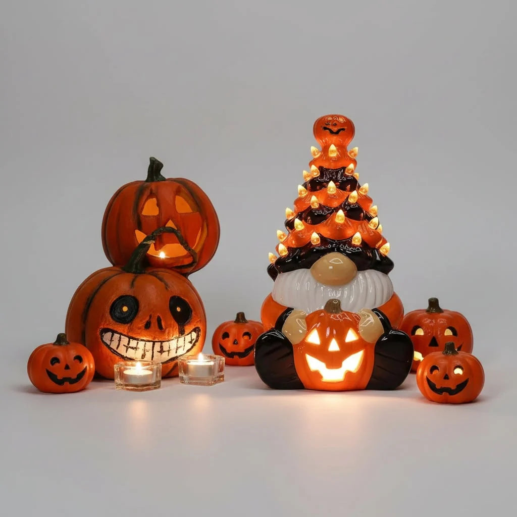 Halloween Gnome Decoration Glazed Ceramic Plug-In LED Glow