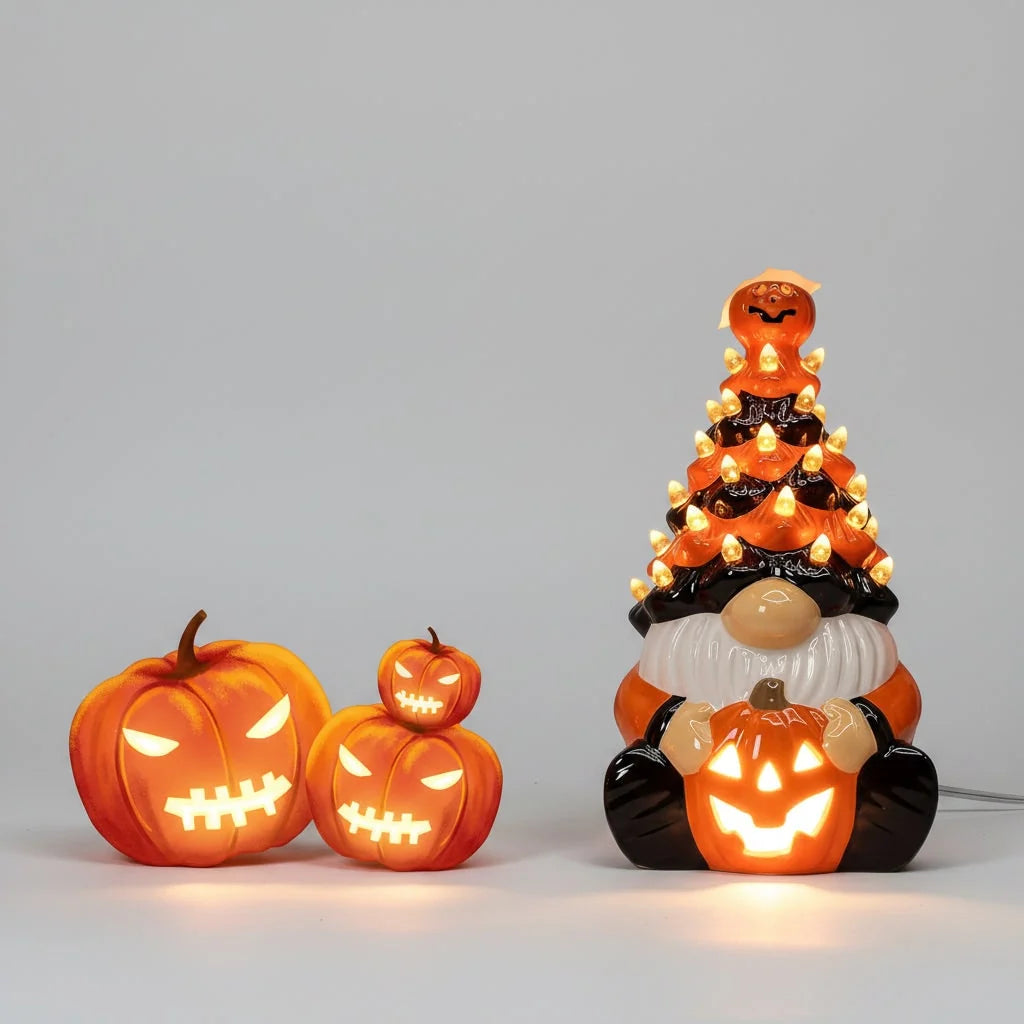 Halloween Gnome Decoration Glazed Ceramic Plug-In LED Glow