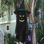 Halloween Hanging Decoration Glowing Green Faces Weatherproof 39 Inch