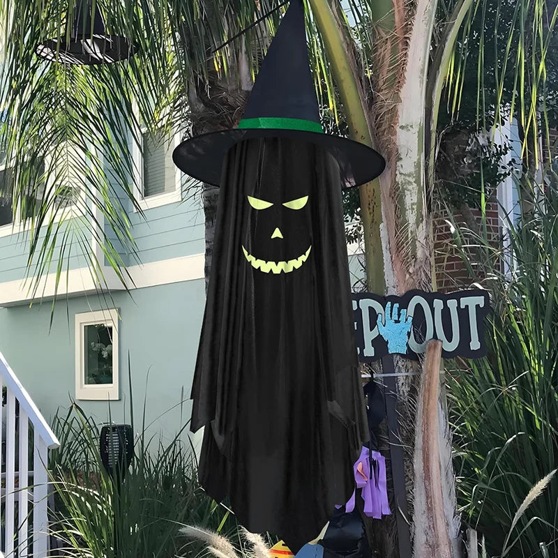 Halloween Hanging Decoration Glowing Green Faces Weatherproof 39 Inch