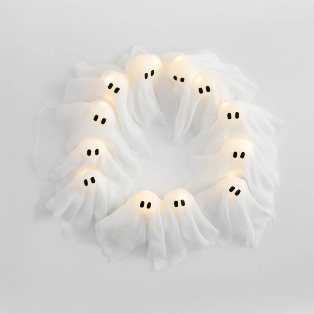 Halloween Wreath 12 LED Ghosts Battery-Operated Gauze Accents