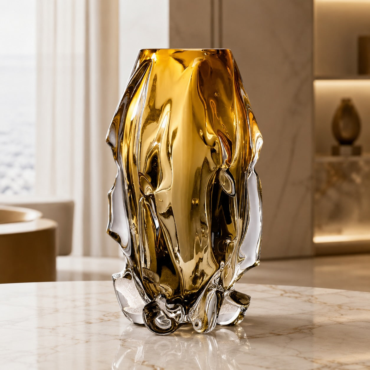 Hand-Blown Asymmetrical Crystal Vase (Amber & Gray)