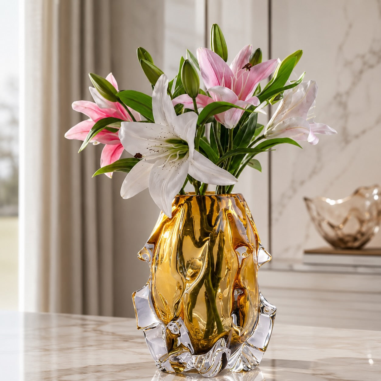 Hand-Blown Asymmetrical Crystal Vase (Amber & Gray)