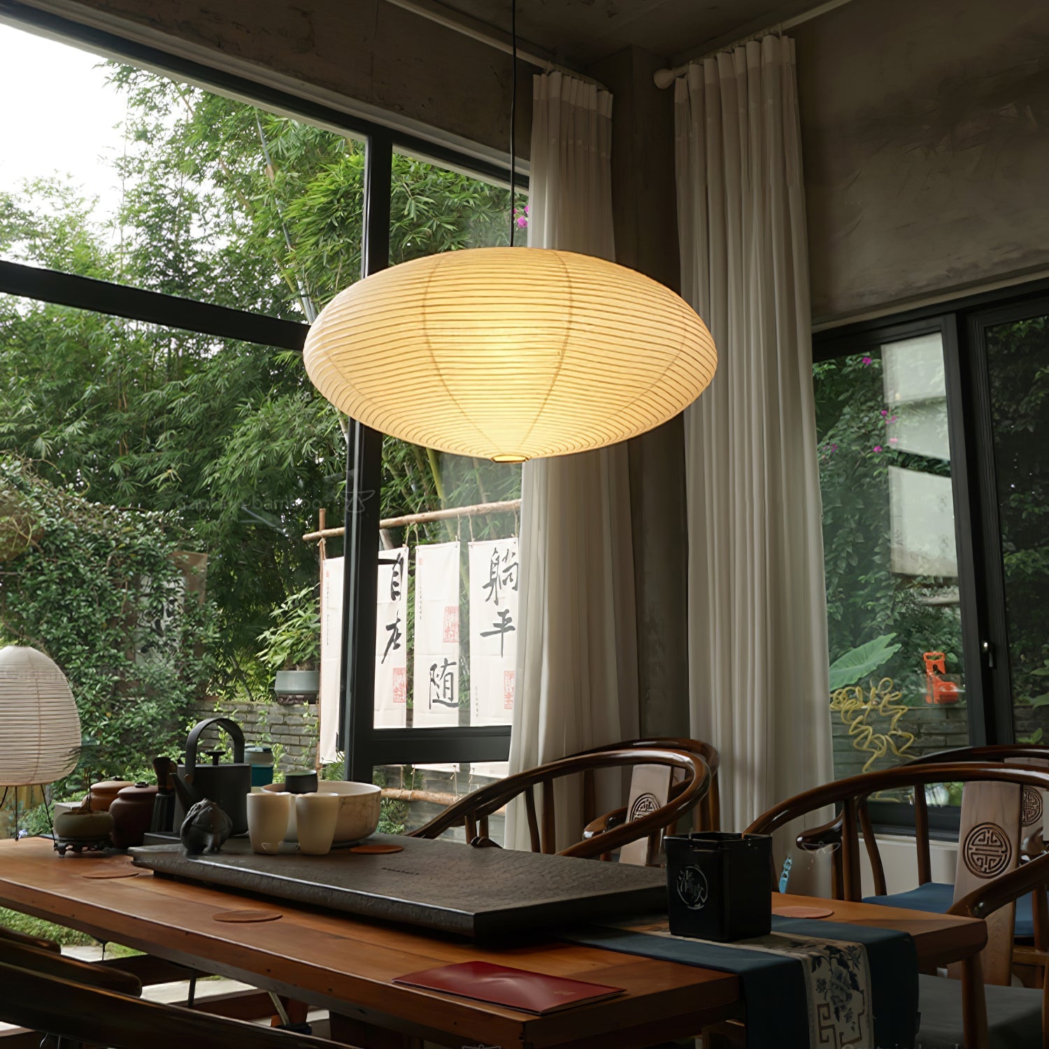 Hand-Bonded Glare-Free Mulberry Paper Pendant Light (Adjustable Height)