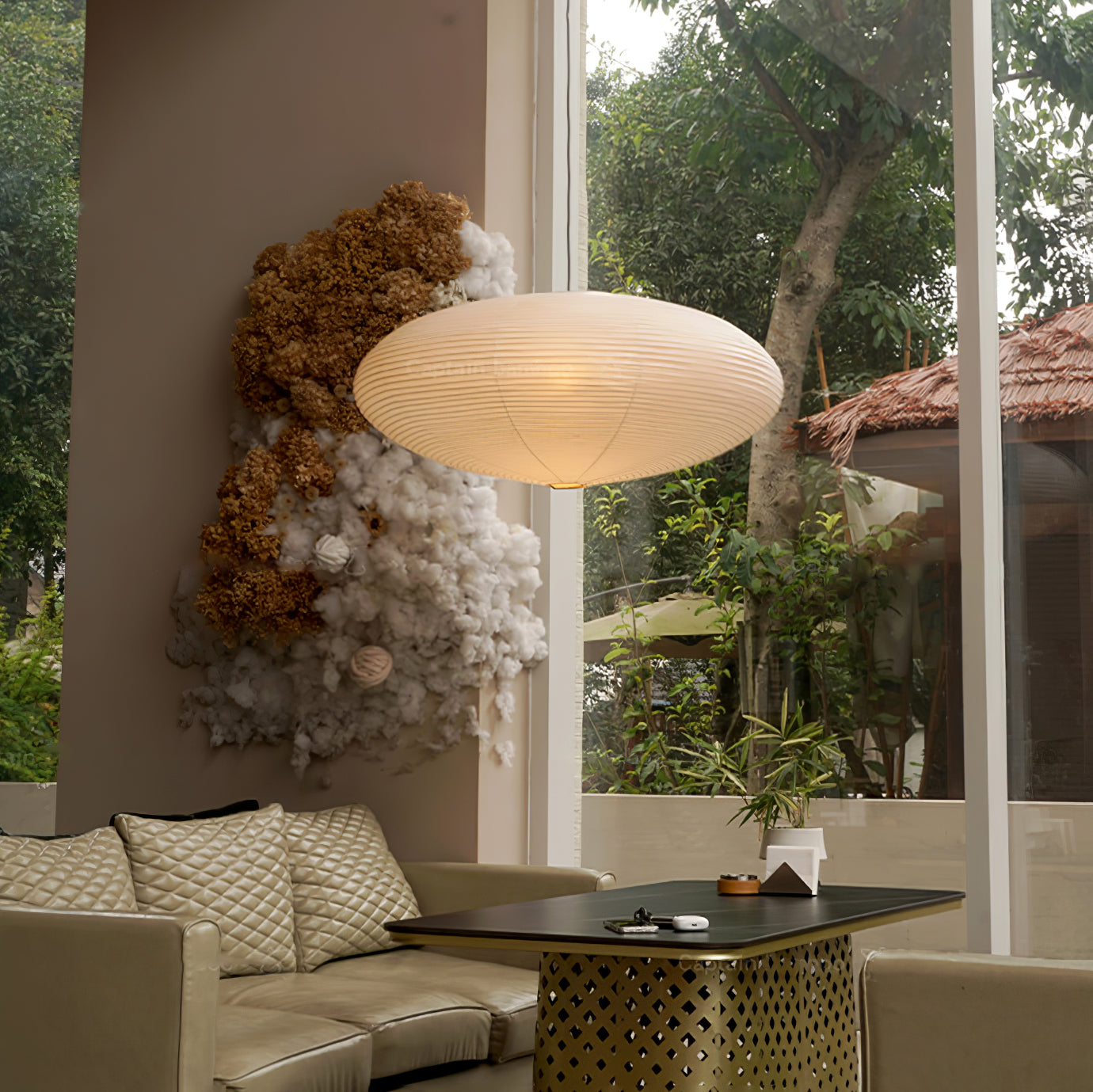 Hand-Bonded Glare-Free Mulberry Paper Pendant Light (Adjustable Height)