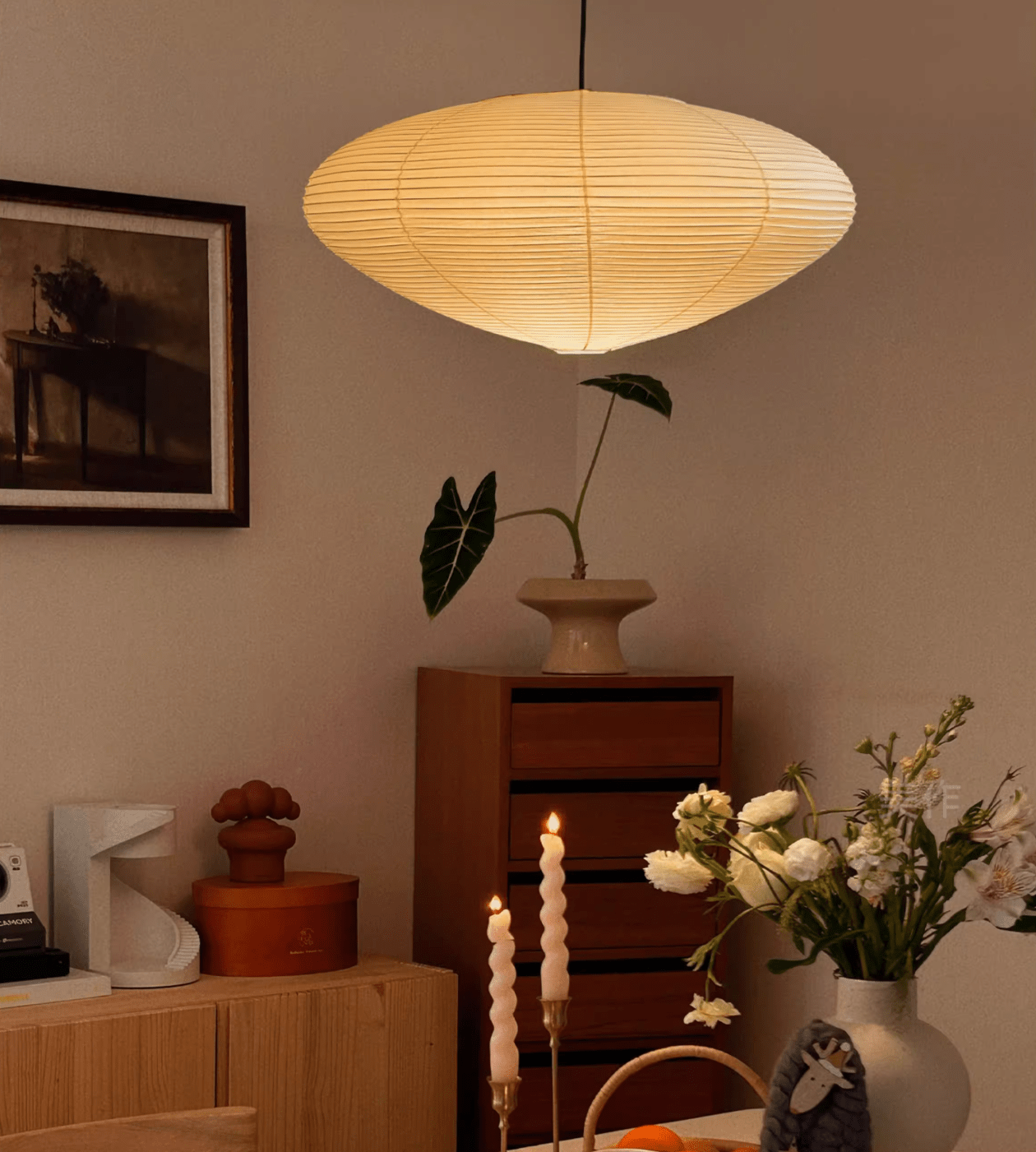 Hand-Bonded Glare-Free Mulberry Paper Pendant Light (Adjustable Height)