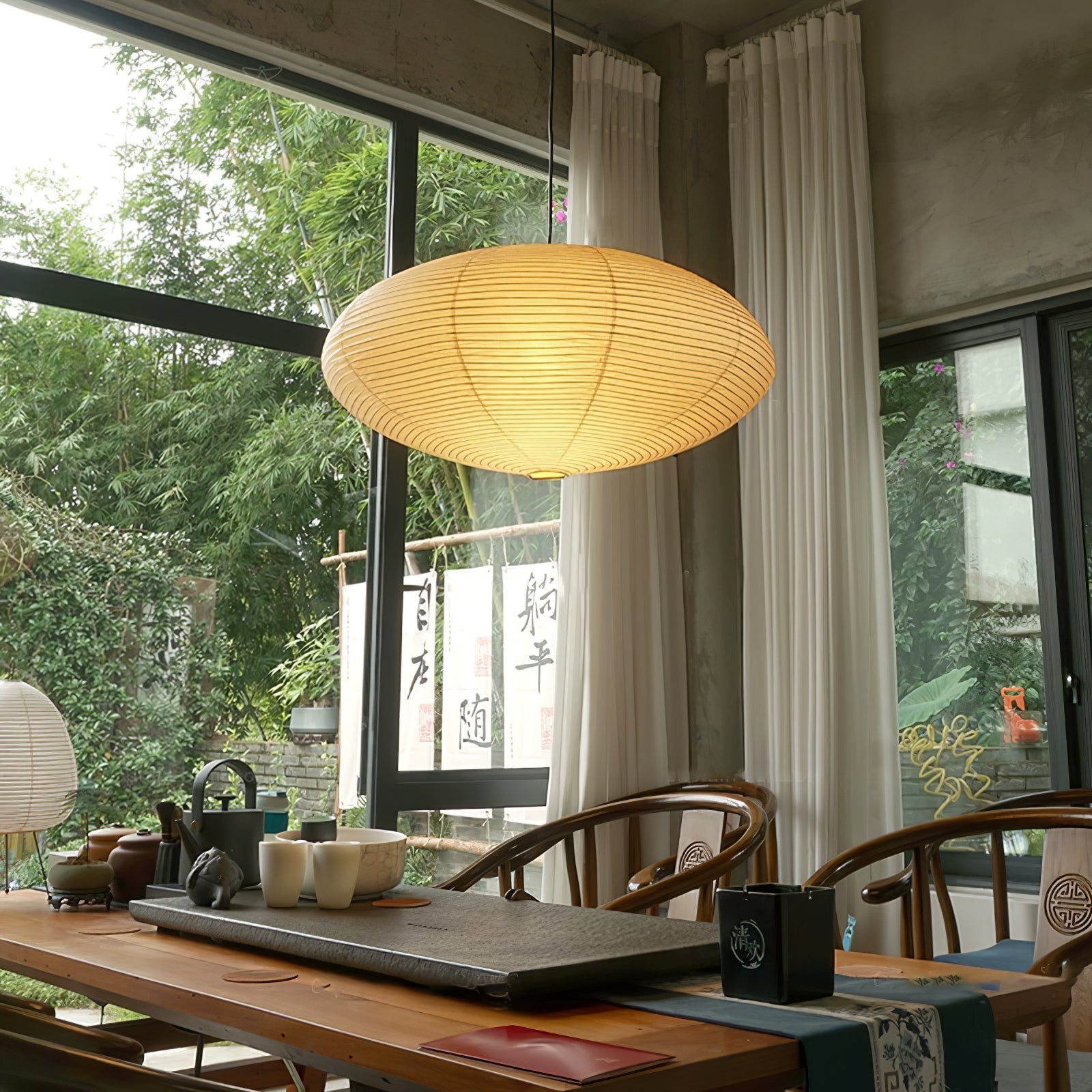 Hand-Bonded Glare-Free Mulberry Paper Pendant Light (Adjustable Height)