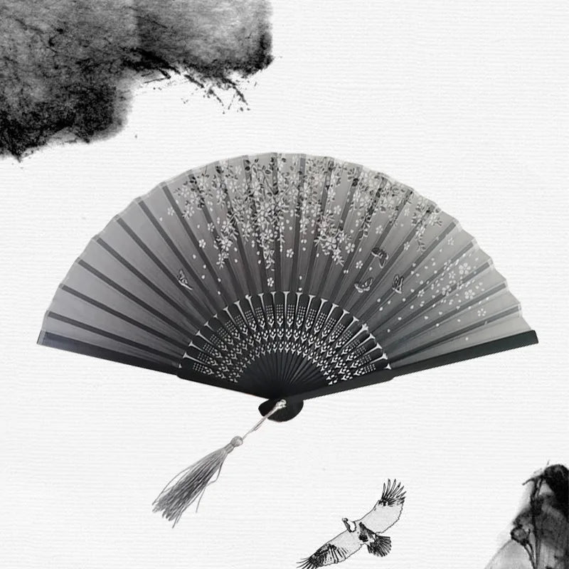 Hand Fan Japanese Floral Bamboo Ribs Foldable & Portable