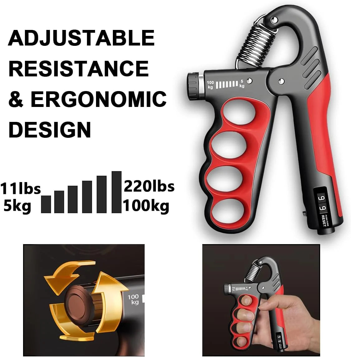 Hand Gripper Adjustable Up To 220 lb Built-In Counter