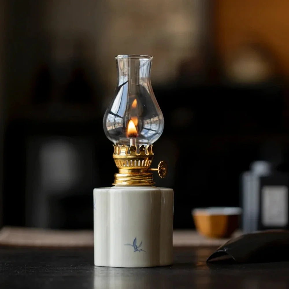 Hand-Painted Ceramic & Glass Windproof Oil Lantern