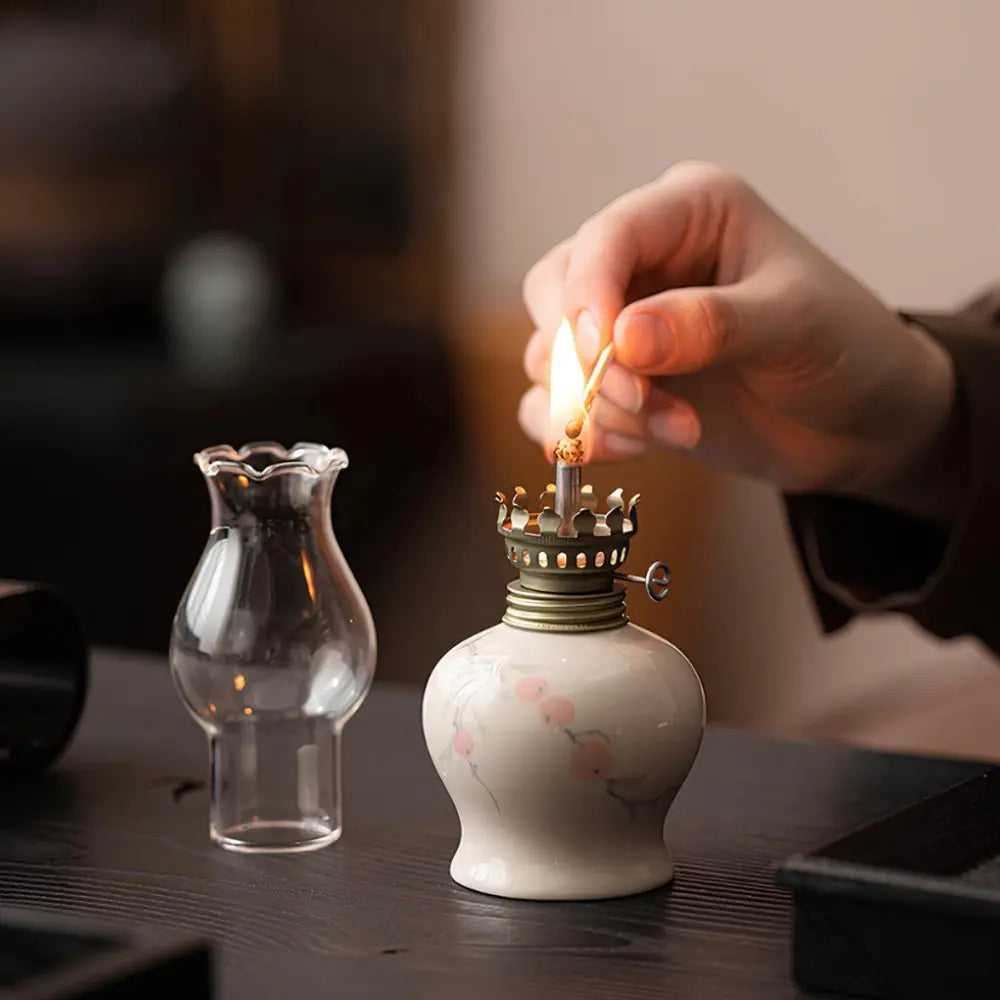 Hand-Painted Ceramic & Glass Windproof Oil Lantern