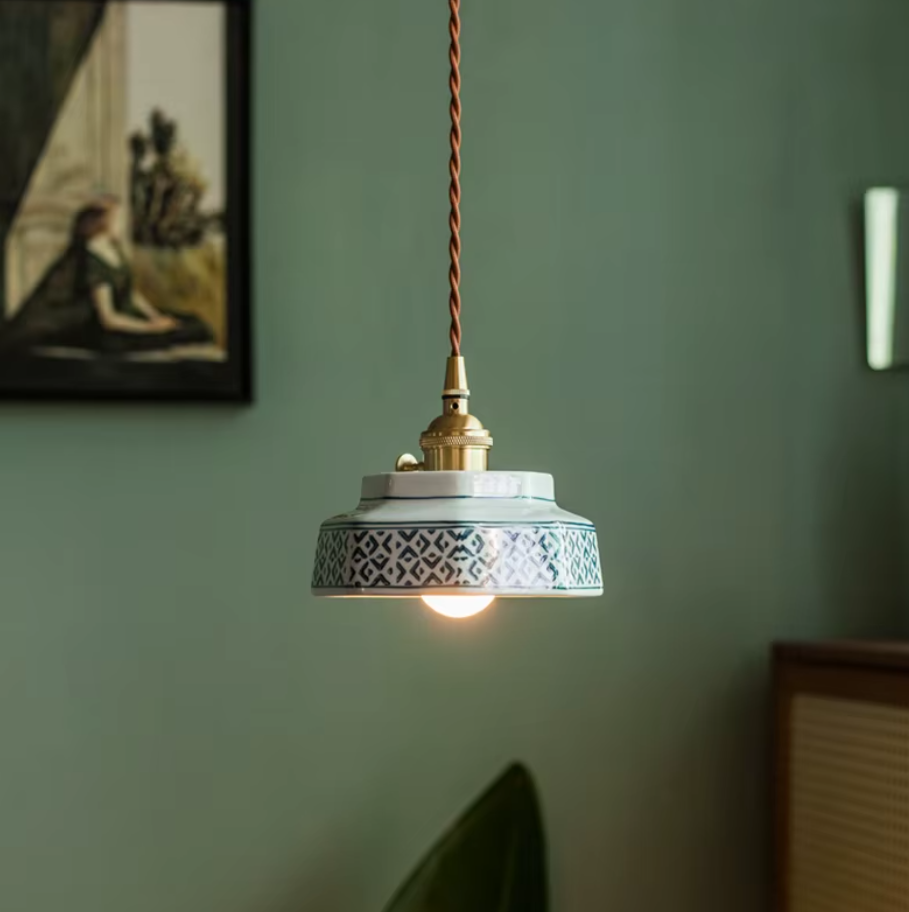 Hand-Painted Porcelain & Copper Pendant Light (Adjustable Cord)