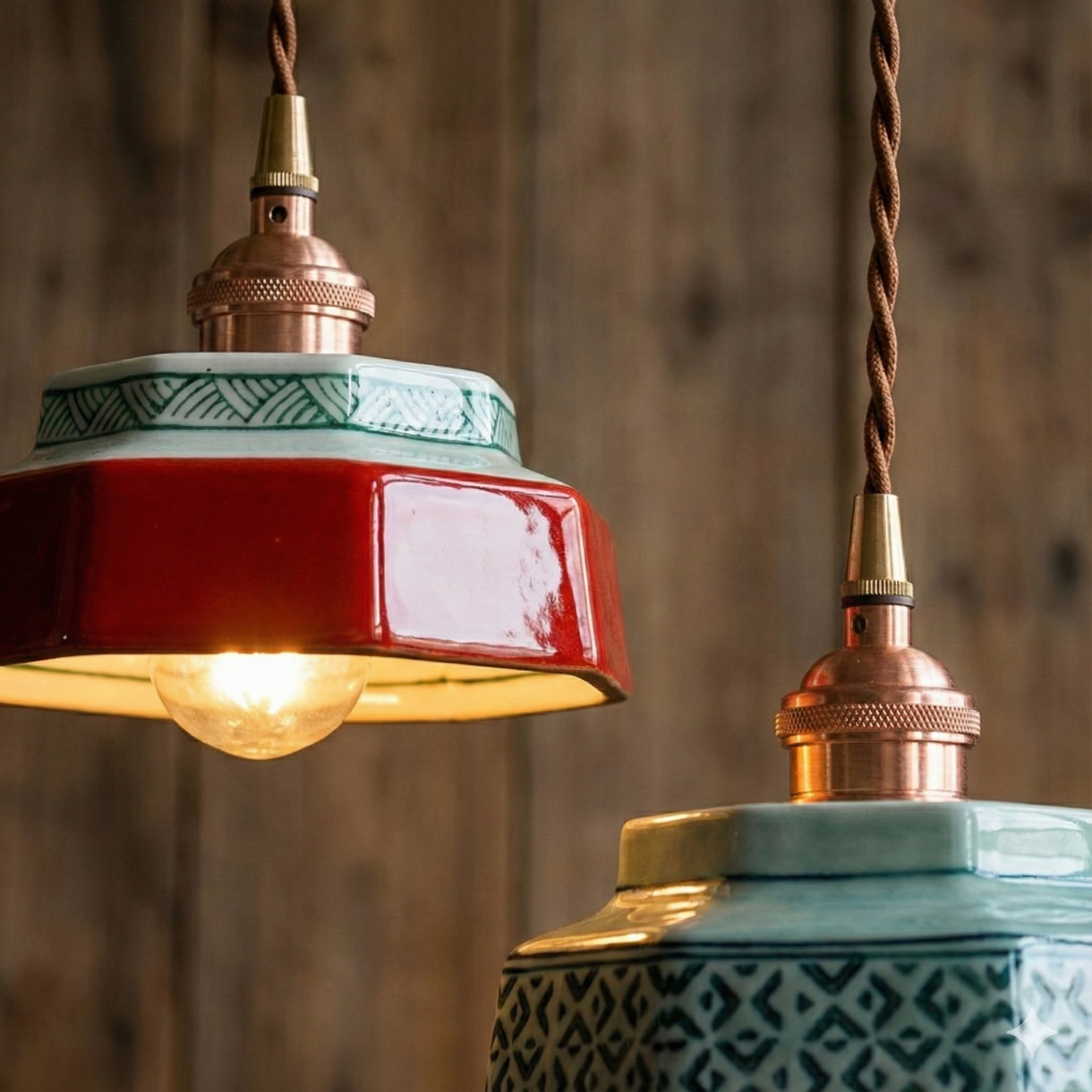 Hand-Painted Porcelain & Copper Pendant Light (Adjustable Cord)