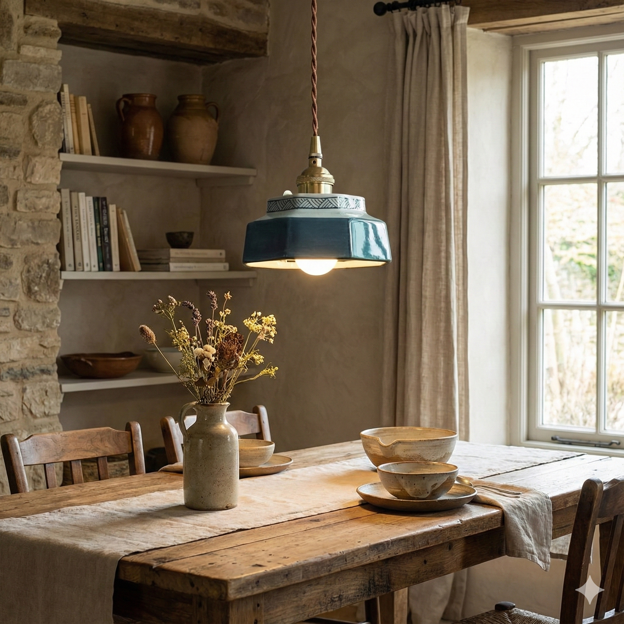 Hand-Painted Porcelain & Copper Pendant Light (Adjustable Cord)