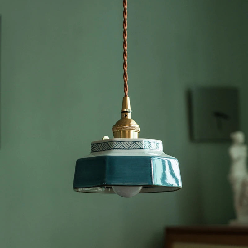 Hand-Painted Porcelain & Copper Pendant Light (Adjustable Cord)