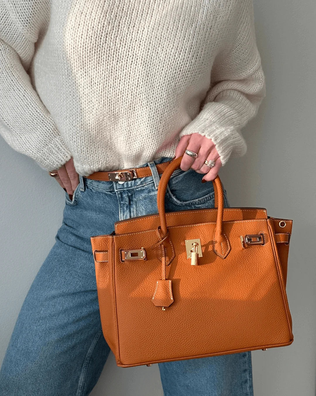 Handbag Soft Genuine Leather Gold Lock Detachable Strap
