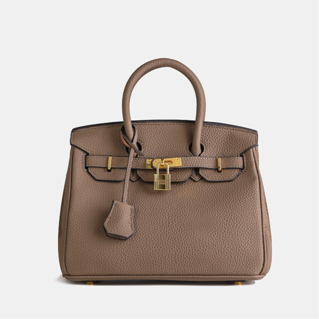 Handbag Structured Textured Faux Leather Gold Lock