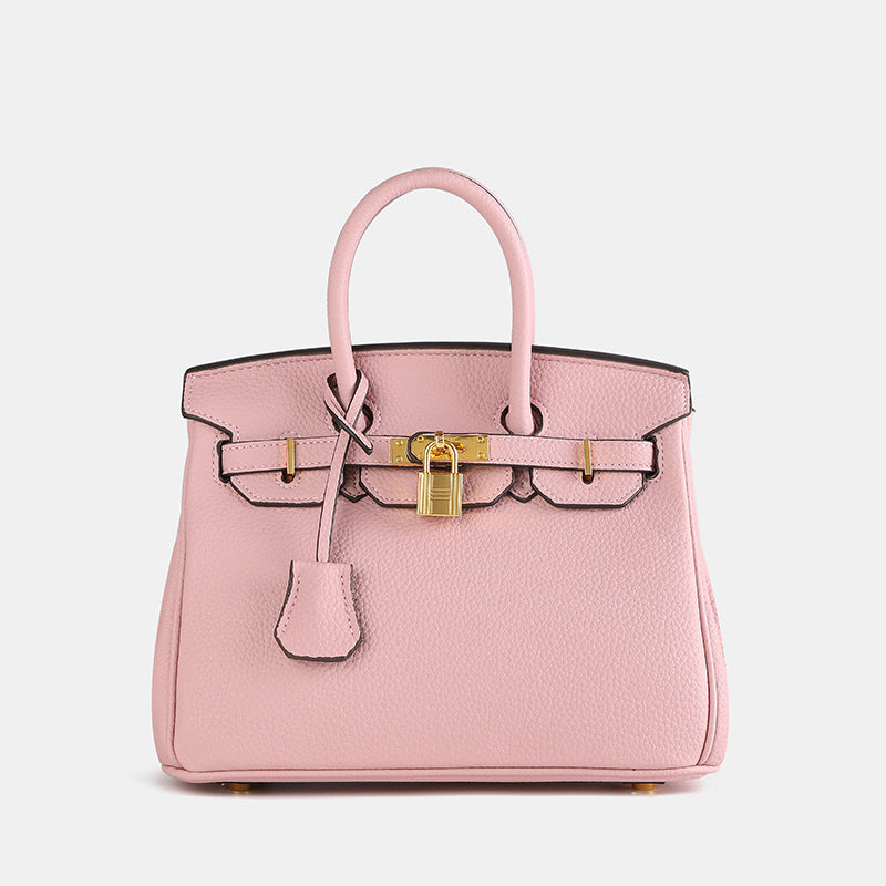 Handbag Structured Textured Faux Leather Gold Lock
