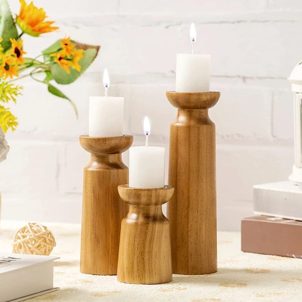 Handcrafted Natural Pine Candle Stand Set (3-Piece)