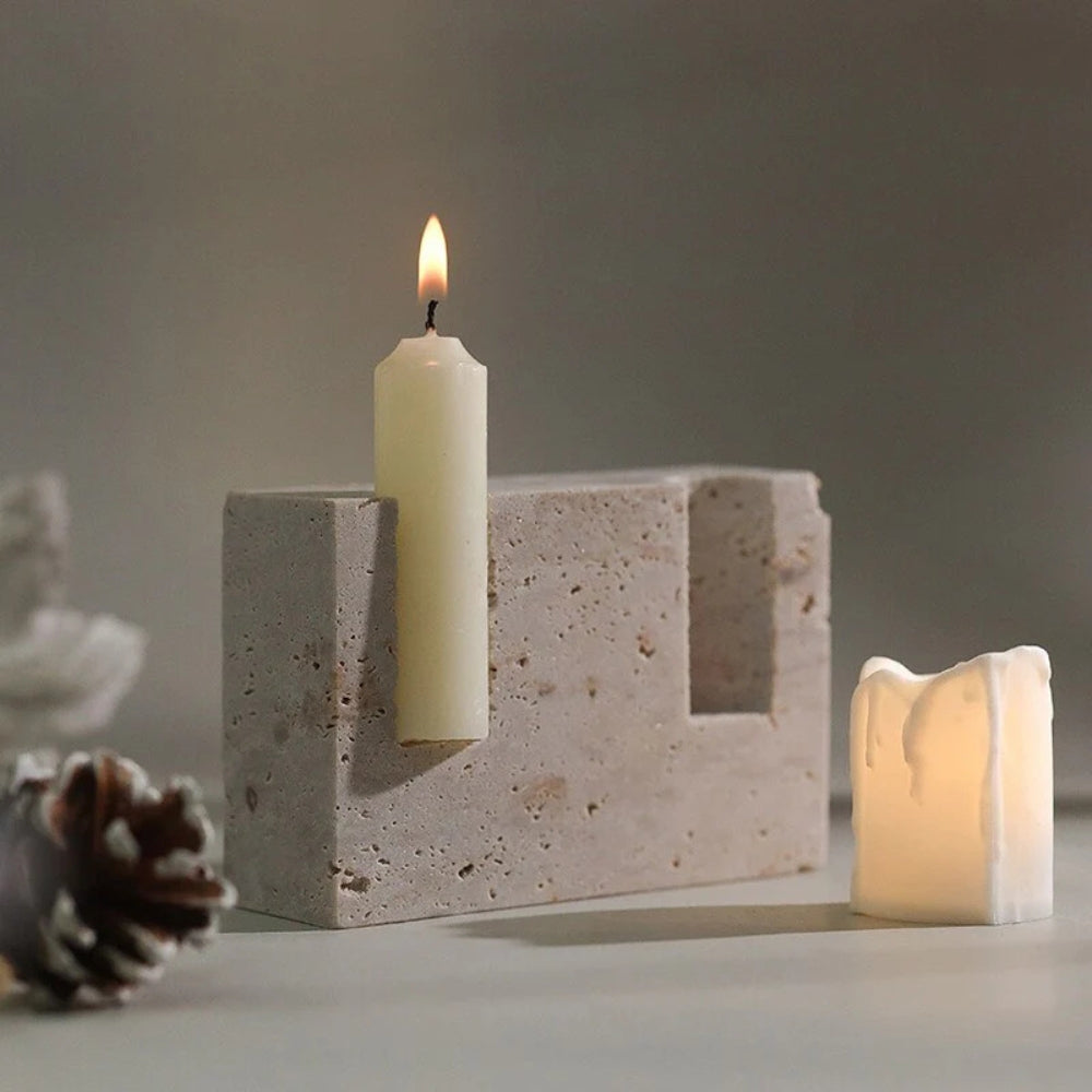 Handcrafted Travertine Taper Candle Holder (Holds 2 Tapers)