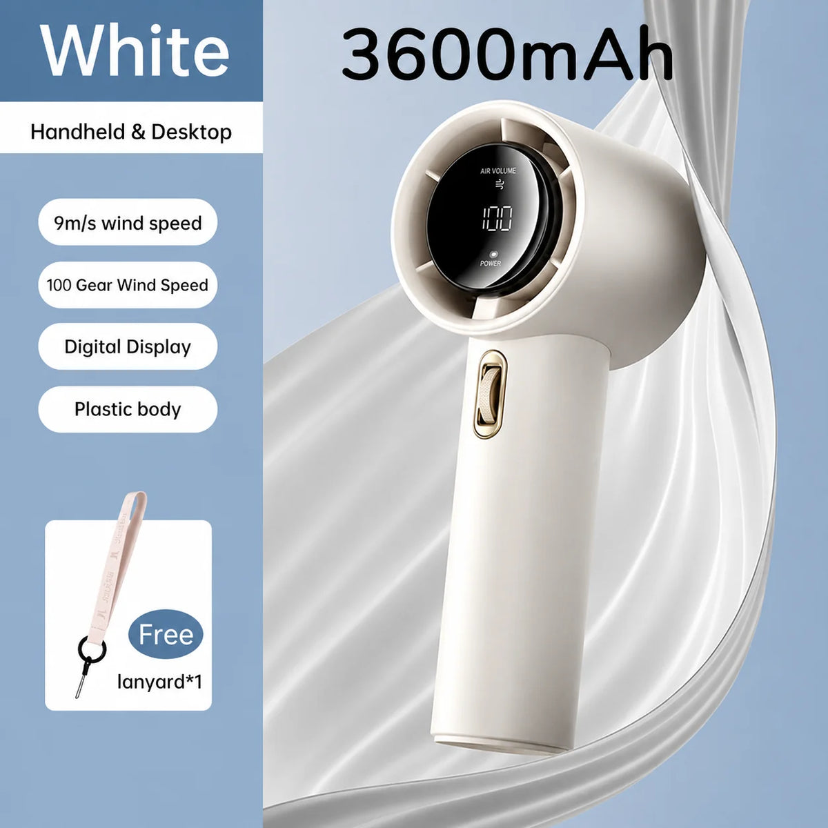 Handheld Fan Digital Display Rechargeable 100 Speed