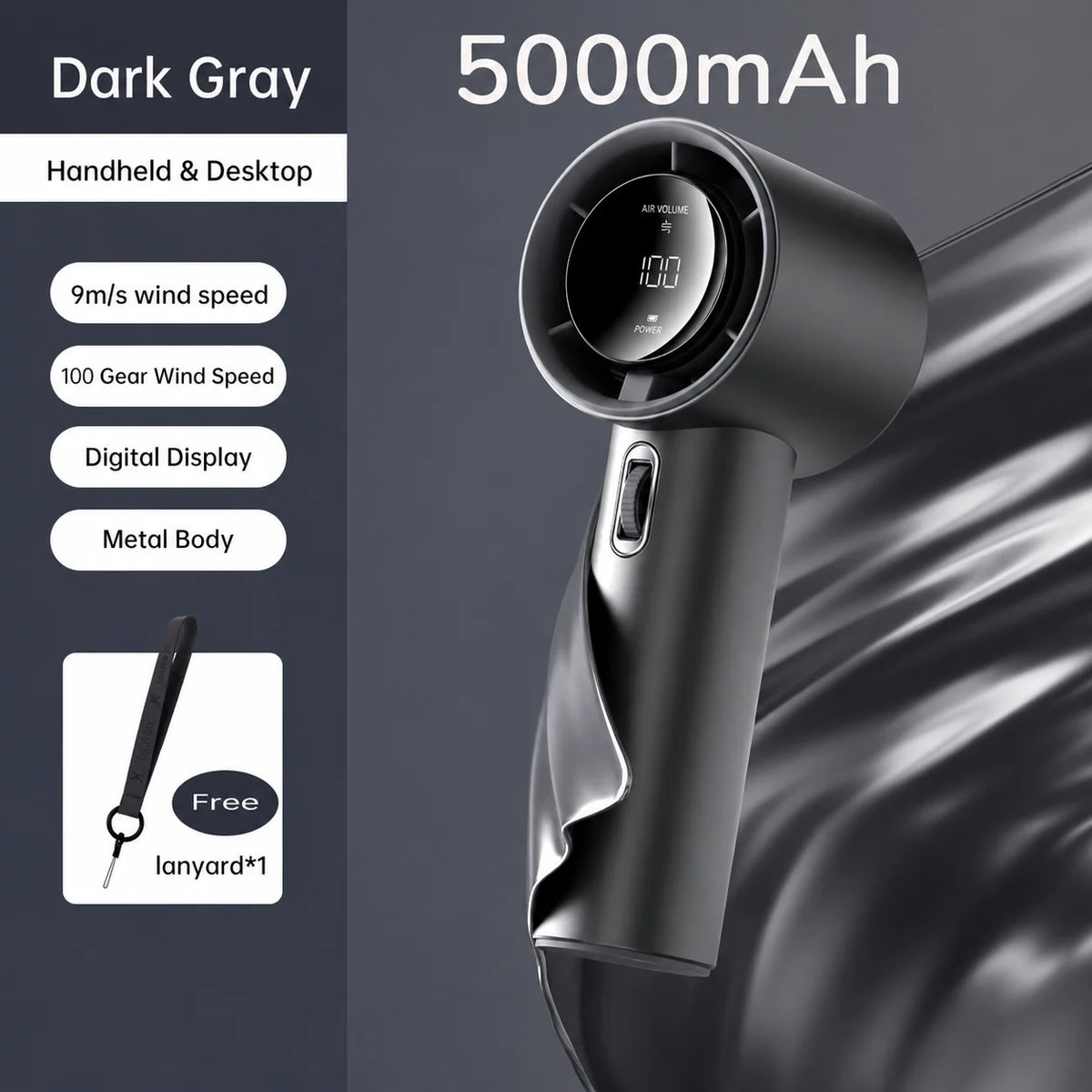 Handheld Fan Digital Display Rechargeable 100 Speed