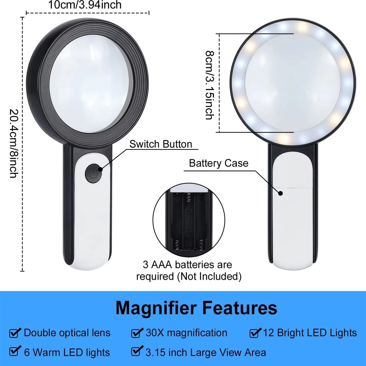 Handheld Magnifying Glass 30x Magnification & LED Light