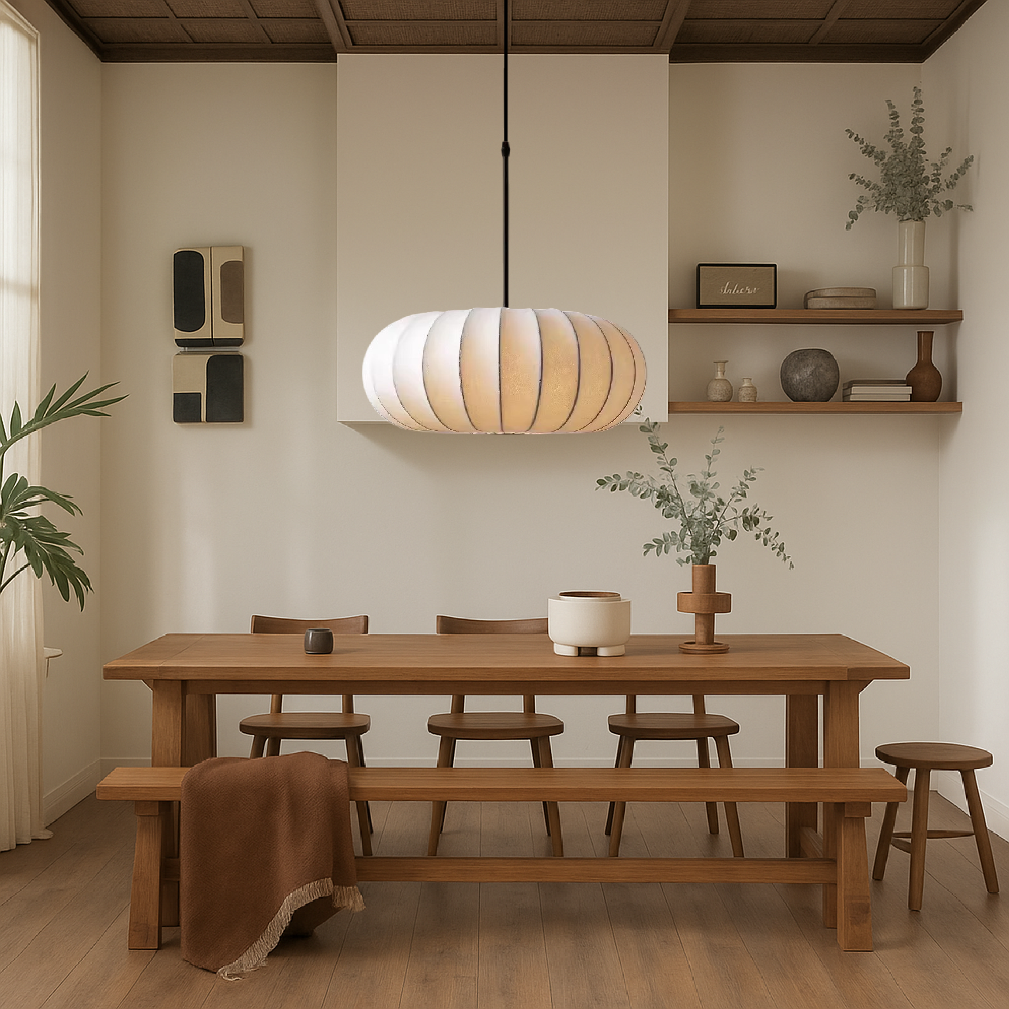 Handmade Silk Drum Pendant Light (Adjustable Height)