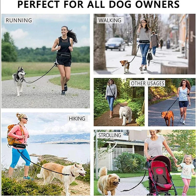 Hands-Free Dog Leash Adjustable Bungee Waist Strap Waterproof Pocket