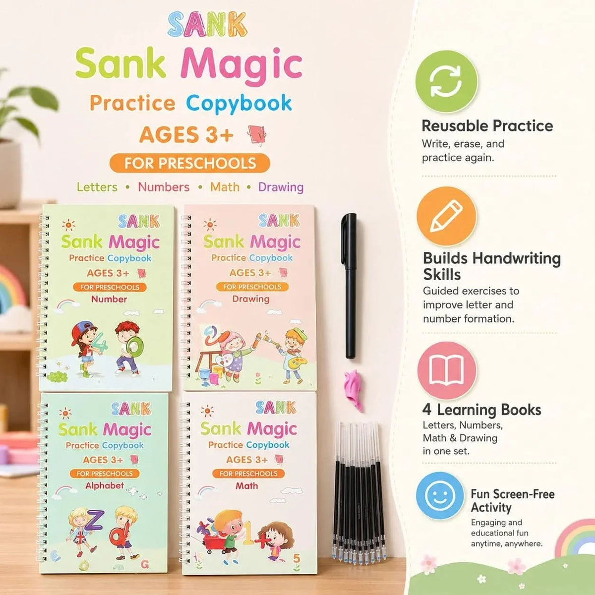Handwriting Practice Notebook Set Reusable Tracing Pen & Refills